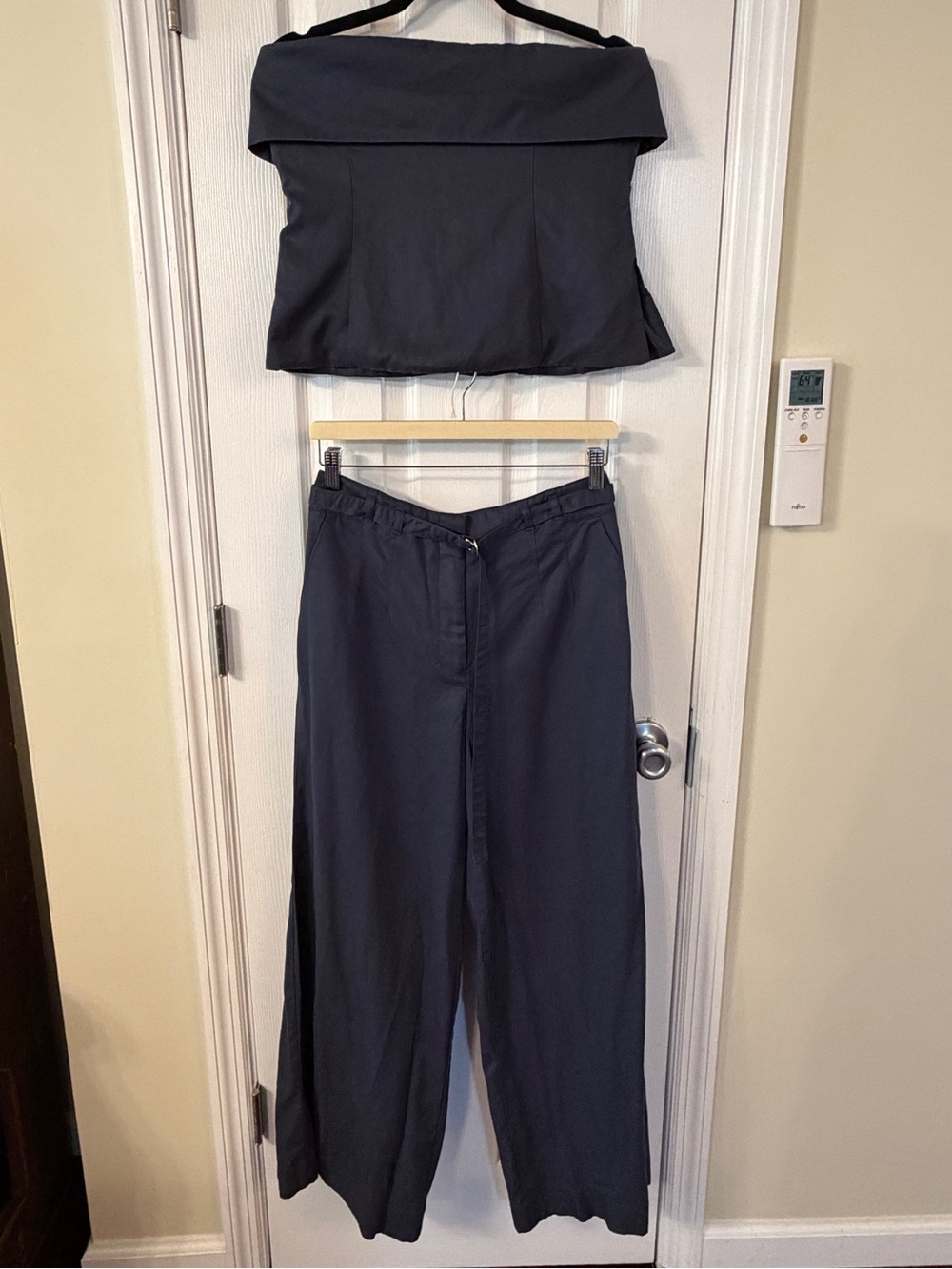 LOFT Versa Pure Spun Navy Off-the-Shoulder Top & Wide Leg Pants Set Size 6 | NWT